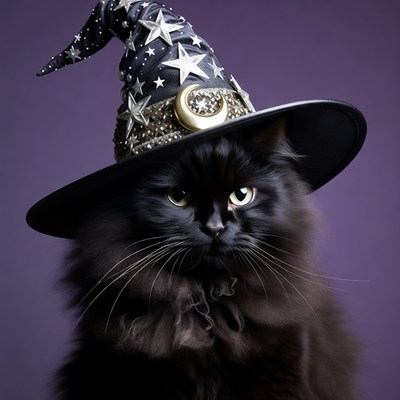 Black cat wearing witch hat