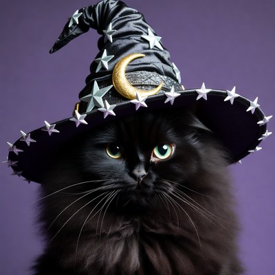 Black cat wearing witch hat