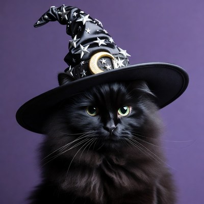 Black cat wearing witch hat