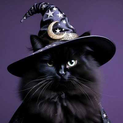 Black cat wearing witch hat