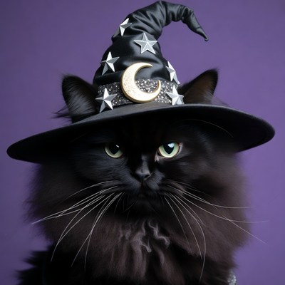 Black cat wearing witch hat
