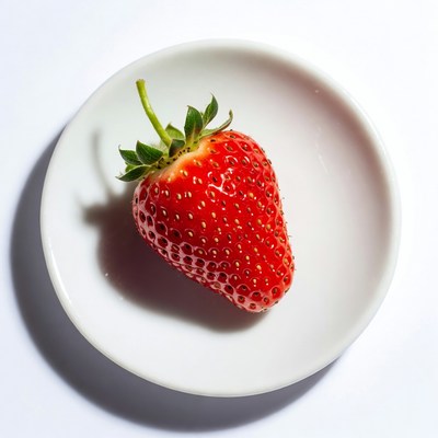Single strawberry on white plate