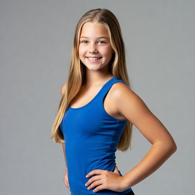 Teen girl smiling in blue tank top