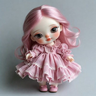Pink-haired BJD doll in frilly dress