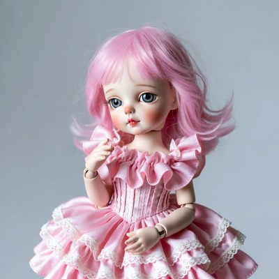 Pink-haired BJD doll in frilly dress