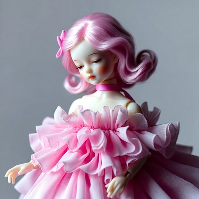 Pink-haired BJD doll in ruffled dress