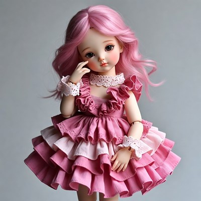 Pink-haired BJD doll in frilly dress