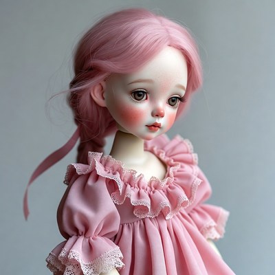 Pink-haired ball-jointed doll in frilly dress