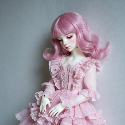 Pink-haired ball-jointed doll in frilly dress