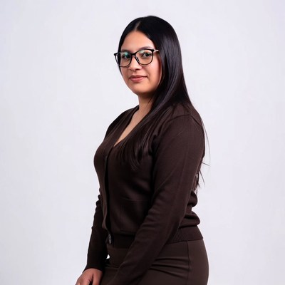 Latina woman in brown cardigan glasses