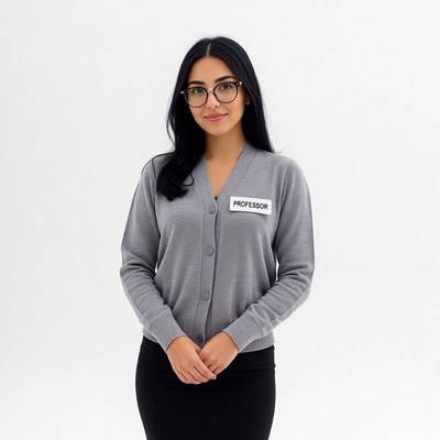 Professor woman with name badge