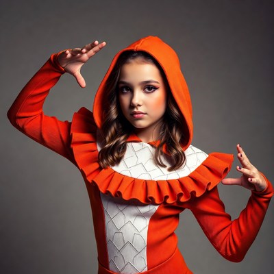 Girl in red hooded costume posing