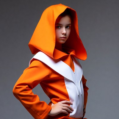 Girl in orange hooded jumpsuit