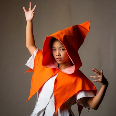 Asian girl in orange witch hood