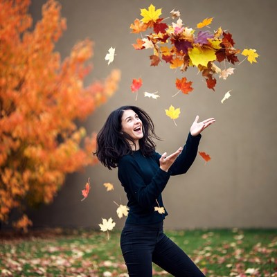 Woman jumping with falling autumn leaves