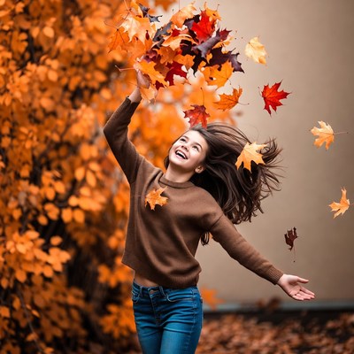 Girl throwing autumn leaves