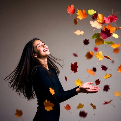Woman smiling amid falling autumn leaves