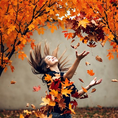 Woman Dancing with Autumn Leaves