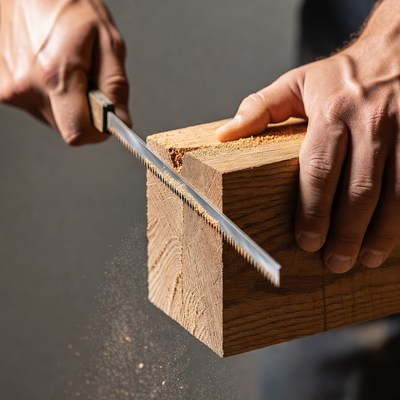 Man cutting wood with handsaw
