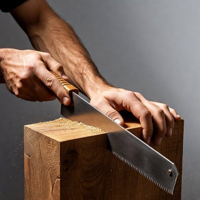 Man cutting wood with handsaw