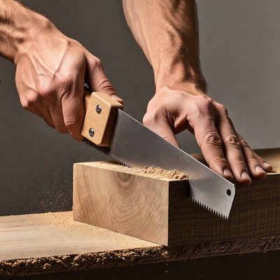 Man sawing wood block