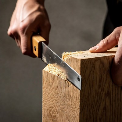 Man cutting wood with handsaw