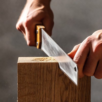 Man sawing wood block