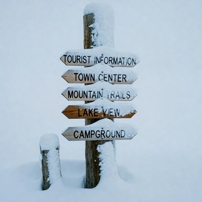 Snowy Tourist Signpost with Directions