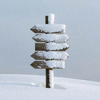 Snowy Wooden Signpost in Winter Field