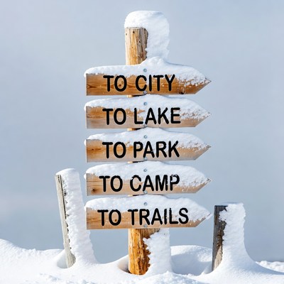 Snowy Wooden Signpost to City Lake Park