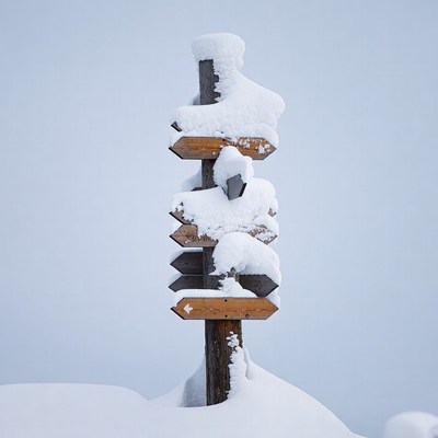 Snowy Wooden Signpost in Winter