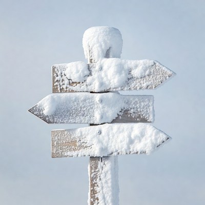 Snowy Wooden Signpost with Arrows