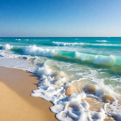 Turquoise Waves Crashing on Sandy Beach