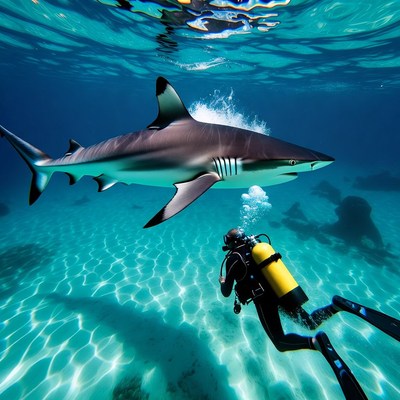 Diver Swimming with Blacktip Reef Shark