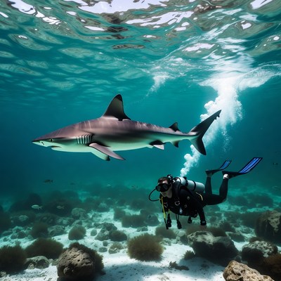 Diver Swimming with Blacktip Reef Shark