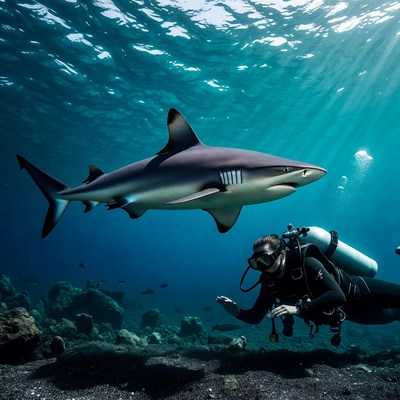 Diver Swimming with Blacktip Shark