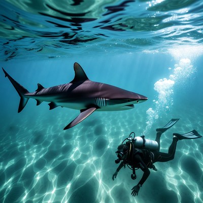 Diver Swimming with Blacktip Shark Underwater