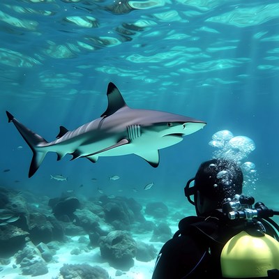 Diver Facing Blacktip Reef Shark Underwater