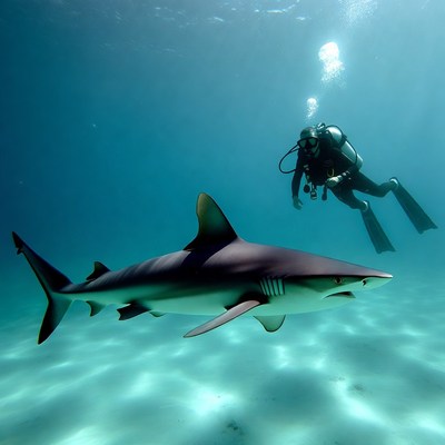 Diver Swimming with Blacktip Reef Shark