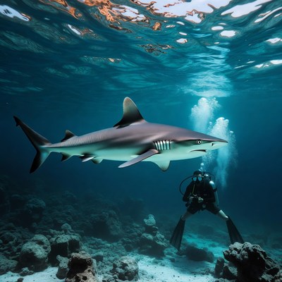 Diver Swimming with Blacktip Reef Shark