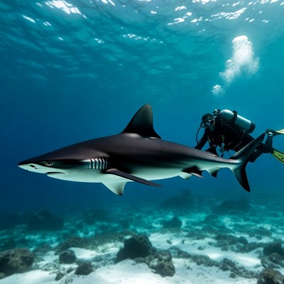 Diver Swimming with Blacktip Shark
