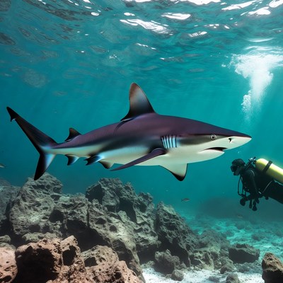 Diver Swimming with Blacktip Reef Shark