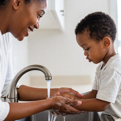 African-American mother teaching boy handwashing