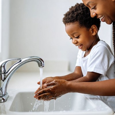 African-American mother and son washing hands