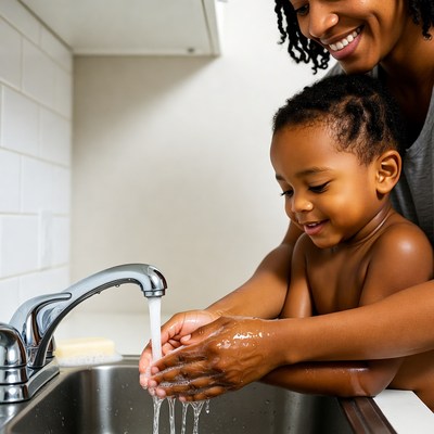 African-American mother helping toddler wash hands