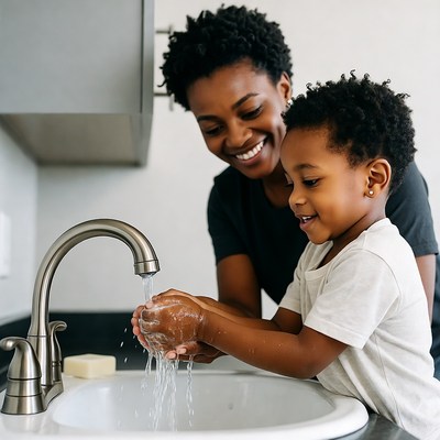 African-American mother teaching toddler handwashing