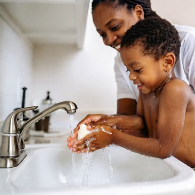 African-American mother washing toddler's hands
