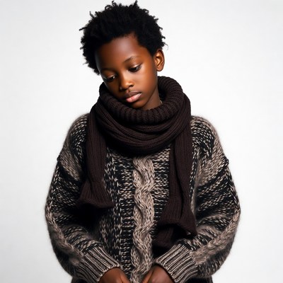 African boy in knitted sweater and scarf
