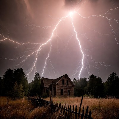 Lightning striking abandoned house