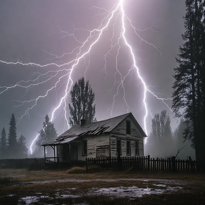 Lightning striking old abandoned house